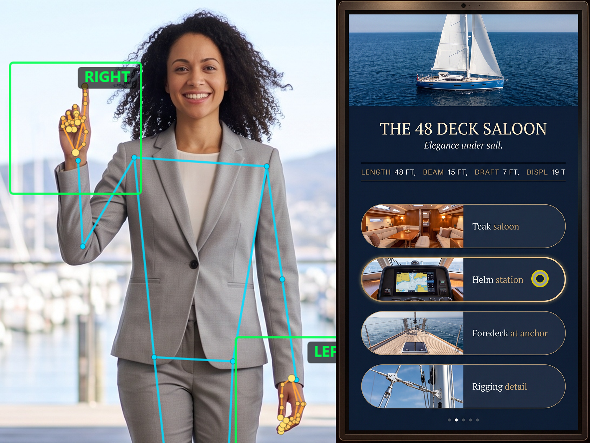 Gesture controlled sales display at a marina: a woman points to select a yacht listing on a portrait screen, with hand and body landmarks tracked from one camera