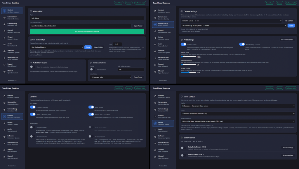 The TouchFree Desktop dashboard: loading web content, camera setup with PTZ gimbal follow and auto framing, switches for each gesture and for body and hand data, and video output with OSC and VMC streams