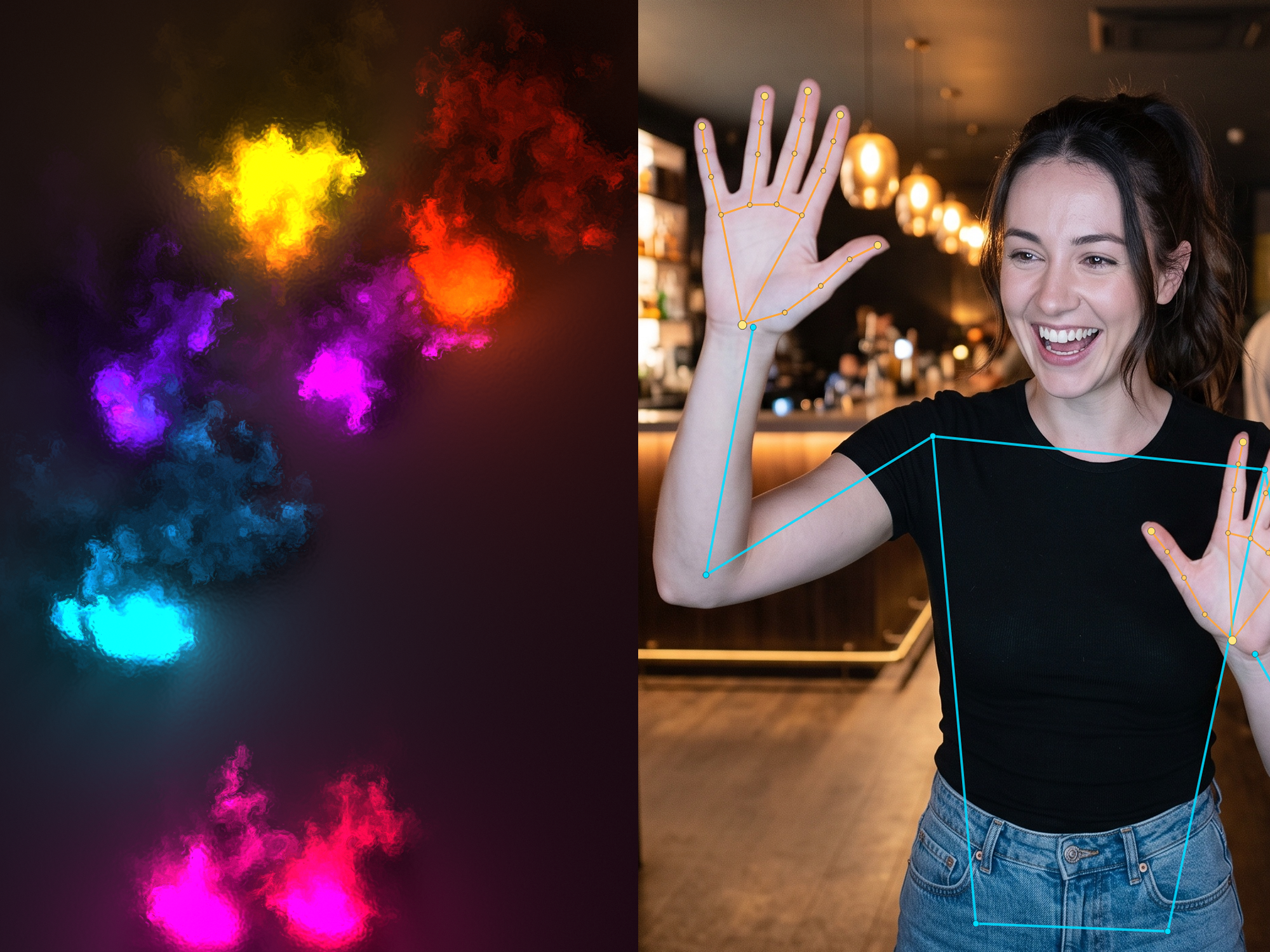 Hand and body tracking driving a live particle effect: a woman raises both open palms in a bar and the colours on screen respond